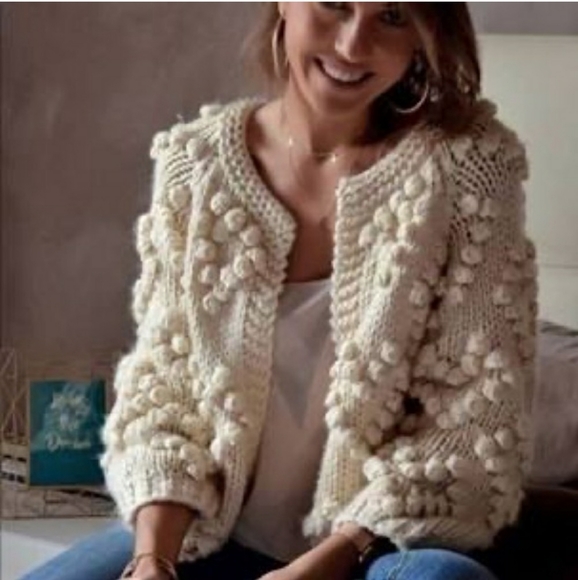 Chicwish Sweaters - Chicwish Chunky Knit Your Love Bauble Popcorn Cardigan Ivory Cream White Slouchy